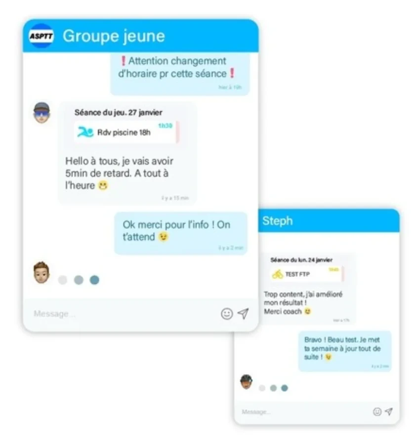 Communication club sportif : conversations par groupes et discussions liées aux séances